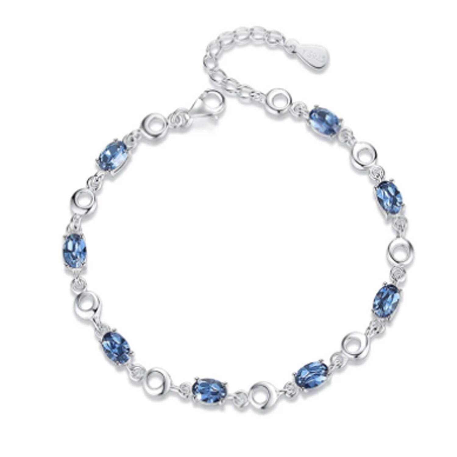 IzuBizu London Women's 925 Sterling Silver Blue Topaz Gemstone Bracelet Dark Blue Oval Diamond Wedding Anniversary Easter Jewellery
