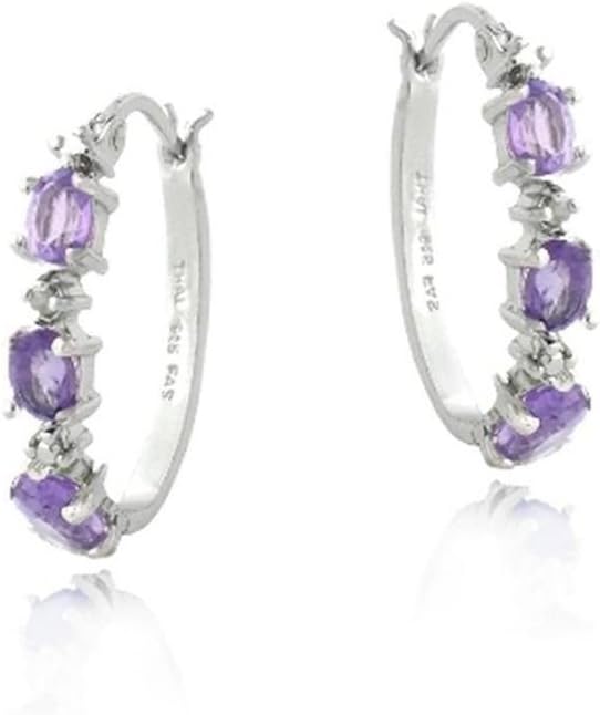 Sterling Silver Amethyst & Simulated Diamond Accent Oval Hoop Earrings