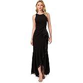 Adrianna Papell Women's Ruffle Crepe Halter Gown | Sleeveless Formal Evening Gown with High Low Ruffle Skirt, Black, 12