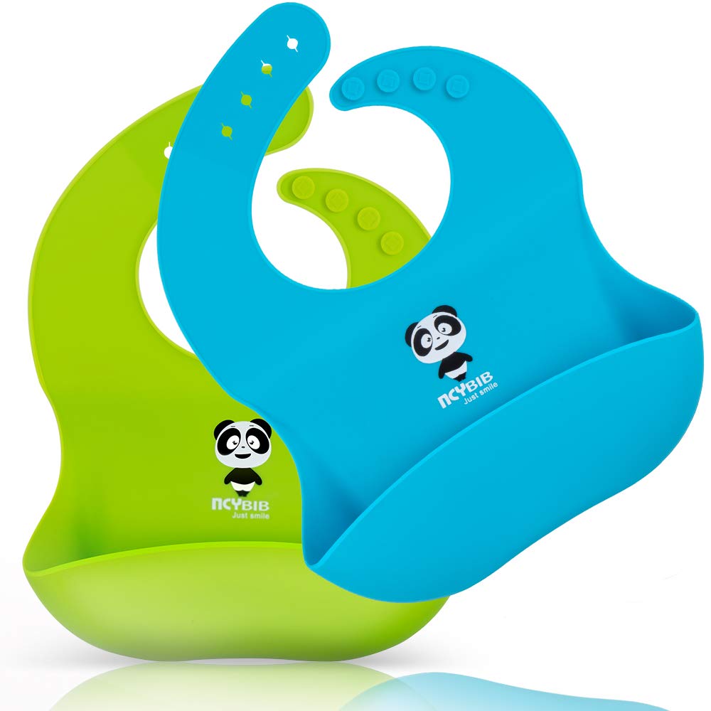 Panda Silicone Baby Bibs Waterproof Baby Bib for Girls and Boys Easily Wipe Clean with Food Catcher Pocket Set of 2 Colors