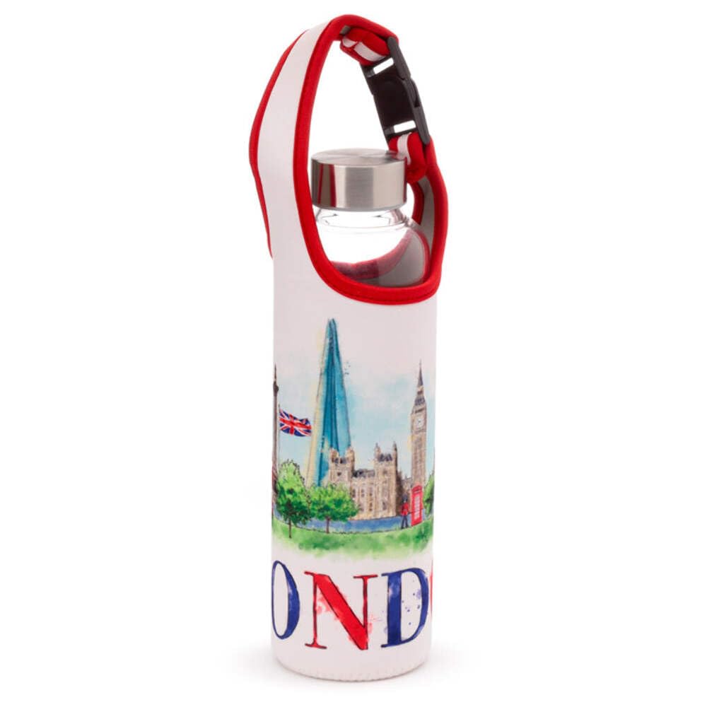 Puckator BOT193 London Icons Reusable Glass Water Bottle with Protective Neoprene Sleeve with Strap