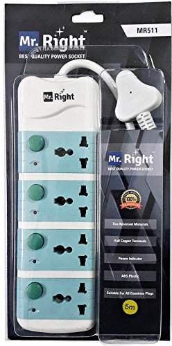 Mr. Right MR-511B 5 Meter Long Wire Fire Resistant Power Strip Extension Cord Board 4 Socket Individual Switch