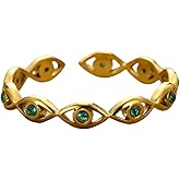 BlingNook Evil Eye Ring For Women, Cubic Zirconia Gold Stainless Steel Ring Green White Eyes Boho Adjustable Trendy Gold Plated Open Birthday Stackable Jewelry Gift