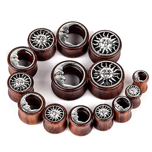 0g 8mm Tribal Sun & Moon Organic Wood Flesh Tunnel Double Flared Ear Gauge Stretcher Saddle Plug