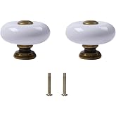 JAKOUE 2Pcs 1.3 inch Round Ceramic Cabinet Knobs, Antique Brass Base and Vintage Drawer Pulls Handles for Dresser Closet Cupboard Wardrobe Kitchen, White