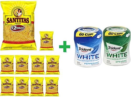 Santitas Triangles Yellow Corn Blend Tortilla Chips,11 oz (10 PACK)+ Trident Go Cup Spearmint 1/60 Count + Trident Go Cup Peppermint 1/60 Count(BUNDLE)