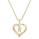 Yesteel Heart Initial Necklaces for Women, 14K Gold Plated Cubic Zirconia Heart Pendant Necklace, Dainty Initial Charm Necklace Letter A to Z Jewelry for Women Girls