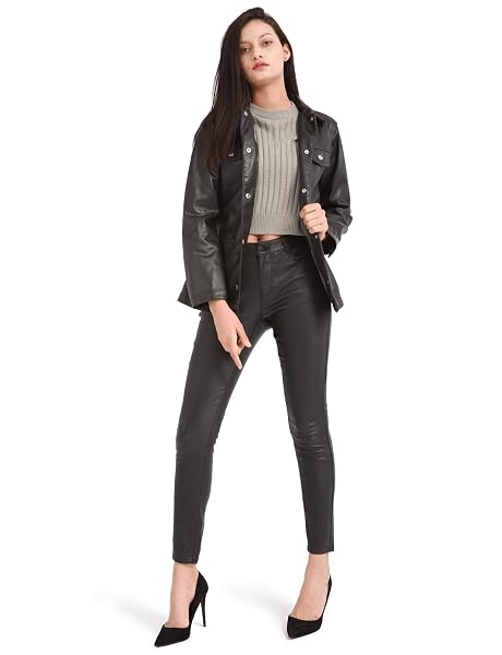 BAMANS WOMEN’S FAUX LEATHER PANTS, SKINNY STRETCH PANTS WITH POCKETS, WORK CASUAL PANTS FOR WOMEN (BLACK #2, XX-LARGE)
