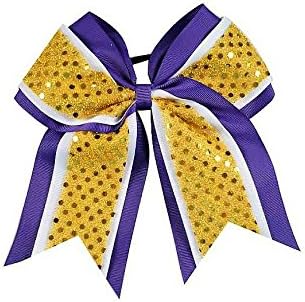Sequin Cheer Hair Bow (Purple/Gold/White)