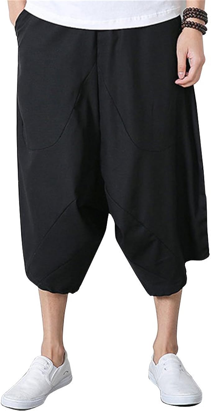 Amazon リュハイ メンズ リネン ハレムパンツ 七分丈 カジュアルパンツ ワイドレッグパンツ ミディアムパンツ 通販