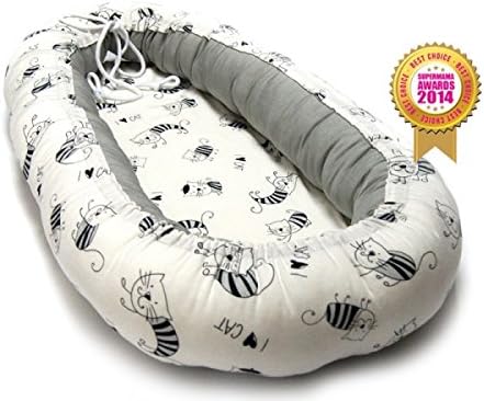 Baby Nest Pod 100% BAMBOO 0-6 months Bedding,Travel,cot, Sleep Newborn (Gray with Cats)