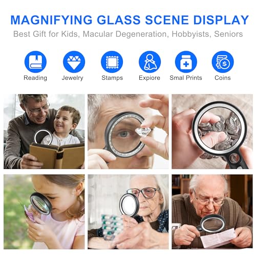 GABORISH Magnifying Glass with Light, 10X 20X 45X Handheld Magnifying Glass with 30 LED and 1 UV, Magnifying Glass for Reading, Inspection, Coins, Jewellery, Exploring, Reading Magnifying Glass for Seniors Large (Silver)