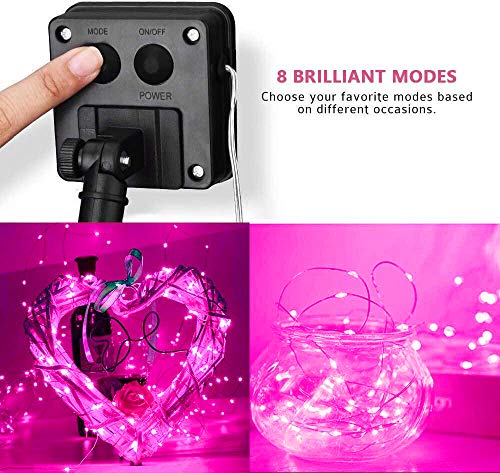 BOLWEO 2 Pack Pink Solar Fairy Lights Decorative, 39.4Ft Solar Deck Lights, 120LED Solar Fence Lights, Waterproof Starbright Rope Outside Home Garden Pathway Yard