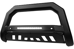 TOPLINE_AUTOPART Matte Black AVT Style LED Light Bull Bar Brush Push Front Bumper Grill Grille Guard With Skid Plate & ACC Open wb Compatible With 16-24 Titan XD
