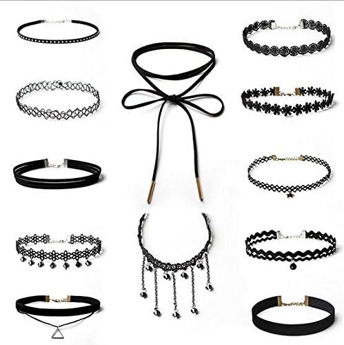Magnolian 12 Piece Black Velvet Choker Necklaces Set Gothic Tattoo Tassel Classic Lace Collar with Pendant,Perfect Christmas Gift for Women Girls