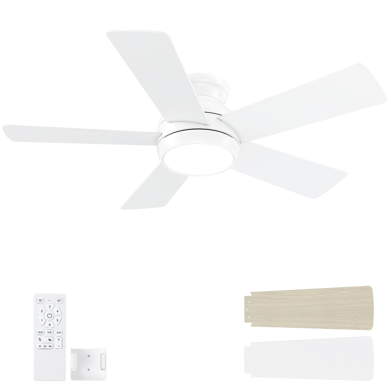 Photo 1 of POCHFAN 42 Inch White Ceiling Fans with Lights and Remote, LED Low Profile Flush Mount Ceiling Fan for Bedroom, Living Room, Patio, Quiet DC Motor, 5 Blades