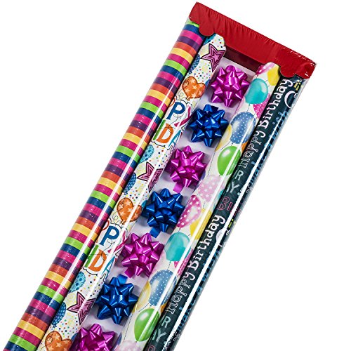 Birthday Wrapping Paper - Gift Wrapping Paper - Premium Quality Gift Wrap Paper - 2.5 FT x 10 FT Per Roll, Includes 7 Bows and 2 Ribbons - Thumbnail 3
