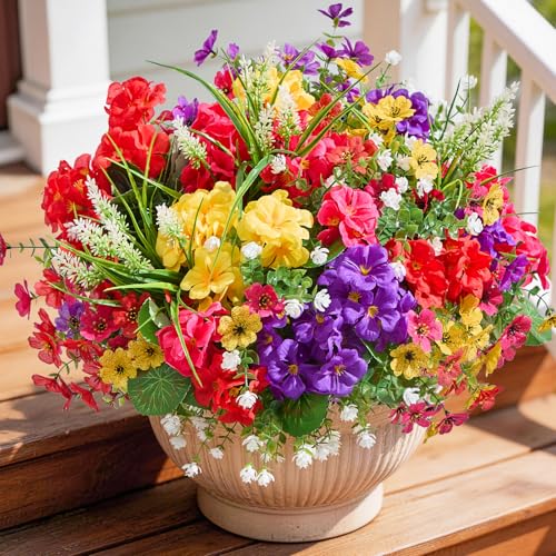 Faylifeway 16 Bundles Artificial Flowers for Outdoors, UV Resistant Fake Outdoor Flowers, Silk Faux Flowers for Outside Planters,Garden,Porch,Yard,Home Decor(Mixed Color)