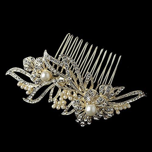Nadya Delightful Light Gold Ivory Pearl & Rhinestone Flower Wedding Bridal Hair Comb by Fairytale Bridal Tiara