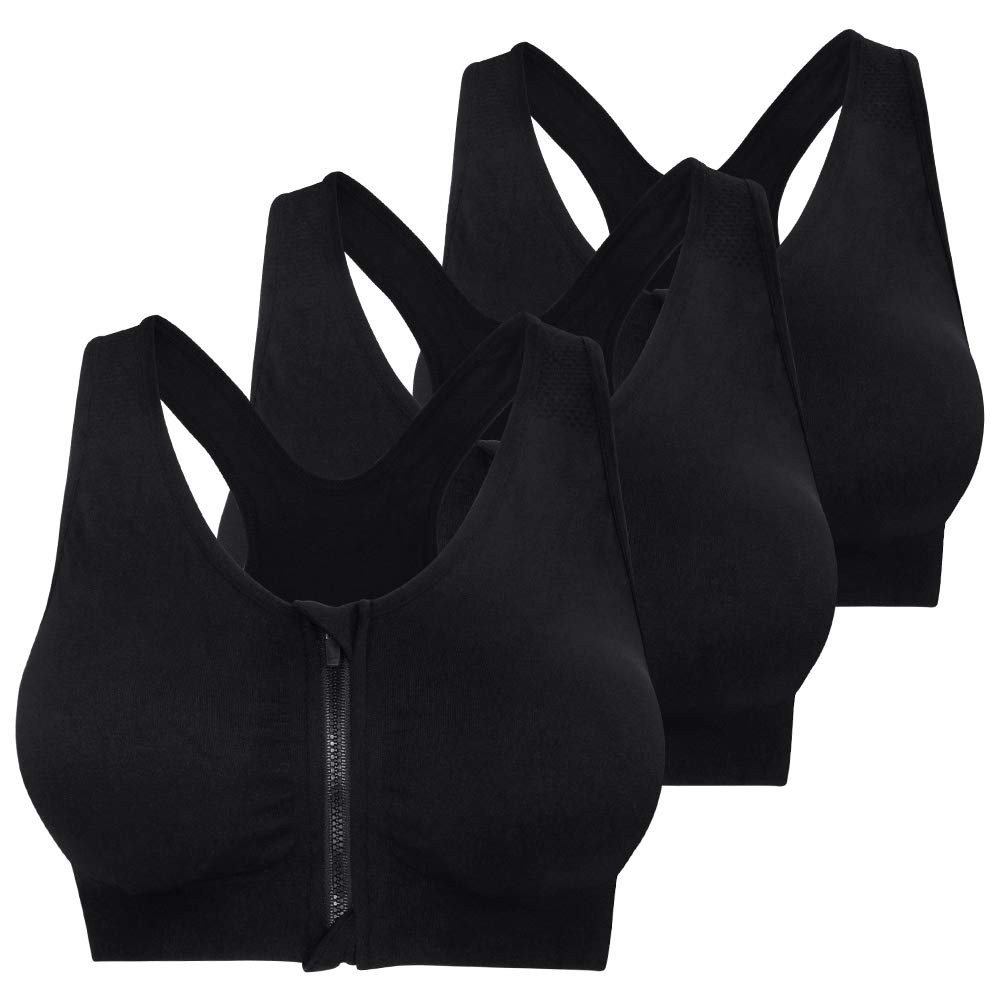 Photo 1 of Fapreit Women's Zip Front Closure Sports Bra - Seamless Wirefree Post Surgery Zipper Padded Racerback Workout Gym Yoga Bras 3 Pack Black