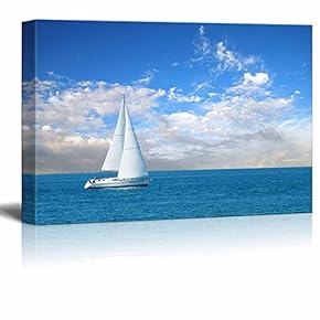 Canvas Prints Wall Art - Beautiful Seascape White Sail Boat on The Blue Calm Sea | Modern Wall Decor/Home Decoration Stretched Gallery Canvas Wrap Giclee Print & Ready to Hang - 12" x 18"