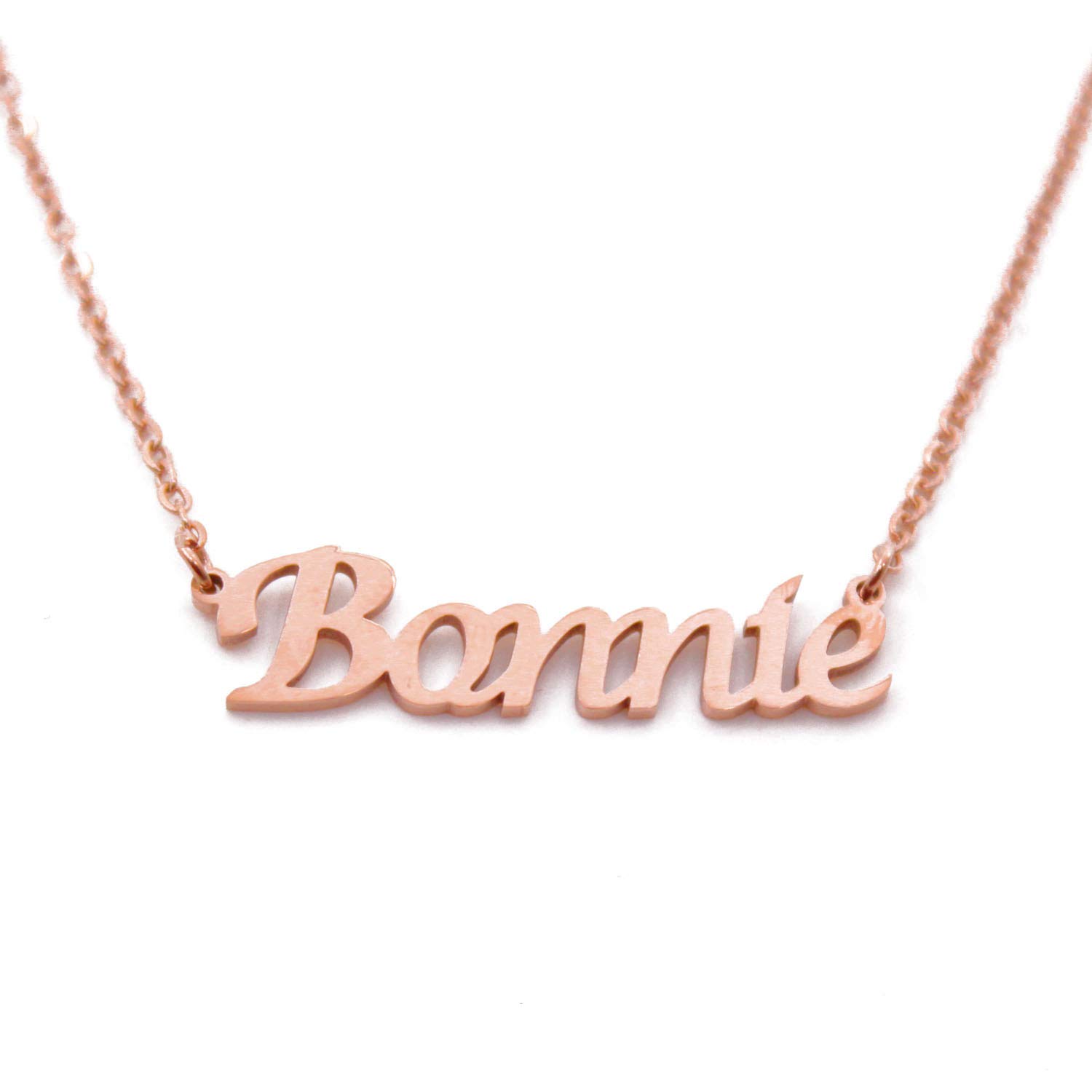 Kigu Bonnie Name Necklace Personalised 18ct Rose Gold Plated, Custom Dainty Name Pendants, Jewellery for Ladies, Girlfriend, Mother, Sister, Friends Inc Bag & Box