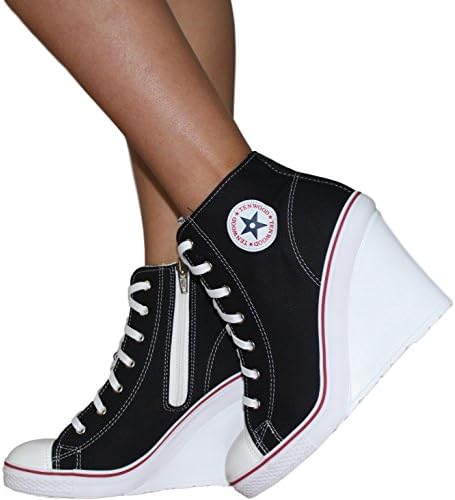 TENWOOD Women's Canvas Lace up High Heel Wedge Side Zipper Fashion Sneakers MultiShoe (8 US Women, Black)