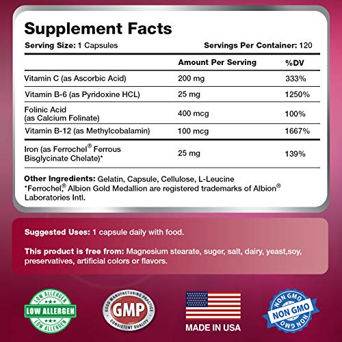 image for Iron Plus Supplement, Natural Ferrous Chelate, Bisglycinate 25mg + Vit