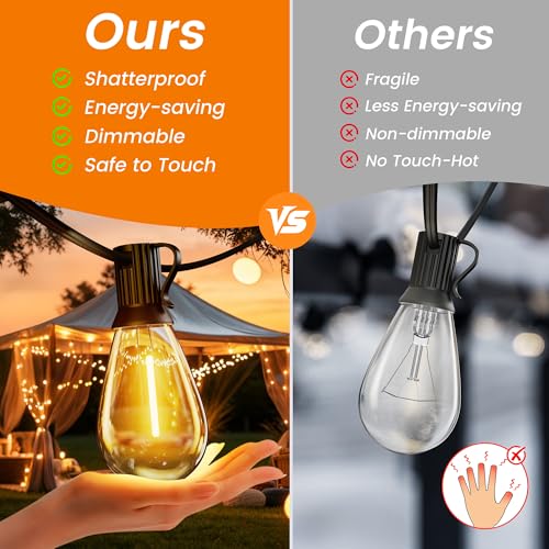 WOWLUMEN 150FT Outdoor String Lights, 62 Tear-drop LED Filament Bulbs, 2200K Cozy Warm, Connectable Hanging Lights for Outside, Shatterproof Waterproof for Patio Backyard Porch Garden Bistro UL Listed