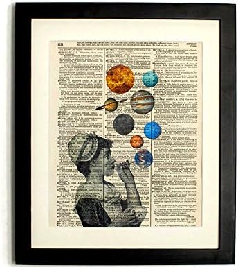 FRAMED Lady with Planets Upcycled Vintage Dictionary Art Print 8"x10" Print with Matted 10"X12" Frame