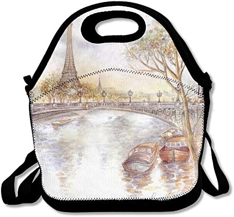 USYCHATS Paris Wallpaper Drawing Art Eiffel Waterproof Neoprene Lunch Tote Bag/Box Neoprene Tote For Travel And Picnic School