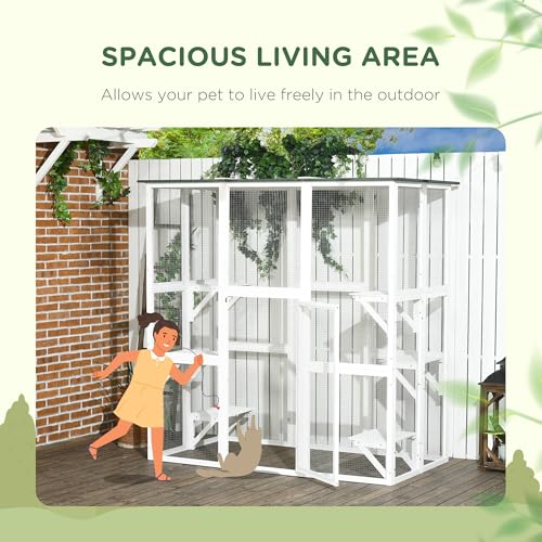 PawHut Outdoor Catio Cat Enclosure, Large Weatherproof Cat House with Asphalt Roof, 6 Jumping Platforms, Wooden Walk-in Kitty Cage for Multiple Kittens, 71" x 39" x 71", White