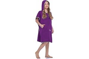 FLYILY Beach Changing Towel Surf Poncho Robe Hooded Wetsuit Adjustable Sleeves Surfing Swimming Bathing (Purple, Small - Fit for Child(Age8-13))