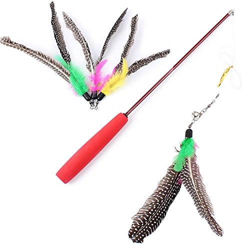 Kelier Cat Feather Toy Funny Cat Stick Includes 3 Pack Cat Feather Toys and 1 Cat Stick