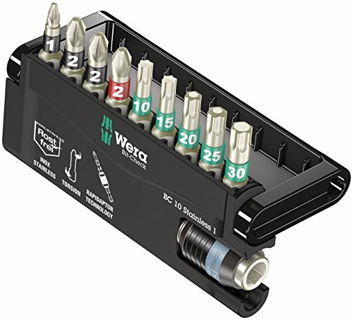 Wera BC 10/9 Stainless Rapidaptor Bit-Check Set (PH/PZ/TX), 10-Piece