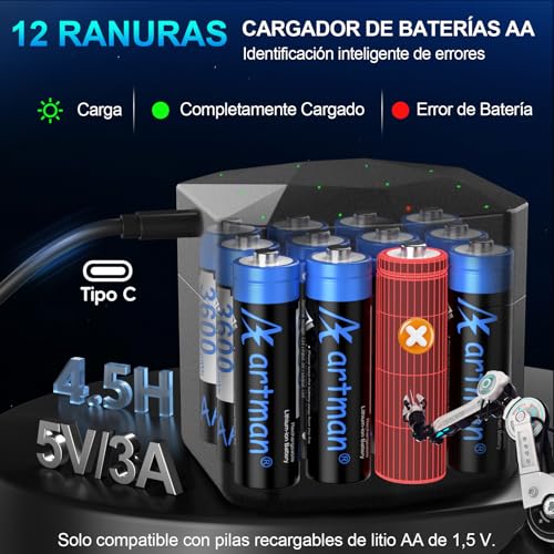 Artman Paquete de 12 Pilas Recargables de Litio AA con Cargador de 12 Ranuras, 3600mWh y 1,5V Baterías de Litio AA para Blink Outdoor Cámara, Pilas Recargables Double A con Más de 2000 Ciclos (Negro)