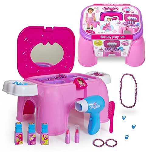 Next Milestones Girls Vanity Makeup and Stool Seat with Jewelry Toy Set, Hair Dryer with Sound, Hair Brush, Necklace, Lipstick, Nail Polish, Mirror and more
