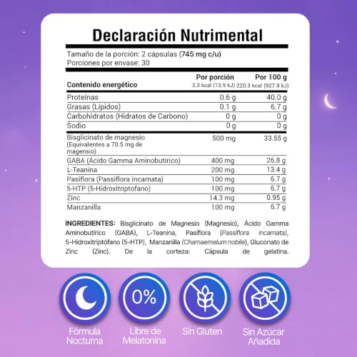 AMARTE LABS Fórmula Nocturna Sin Melatonina Magnesio Glicinato GABA 5HTP L Teanina Descanso y Relajación 60 Cápsulas
