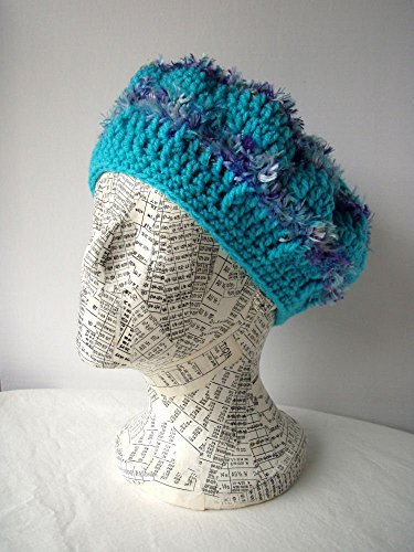 Sky Blue Stripe Hat Handmade Crochet Beret Size Med