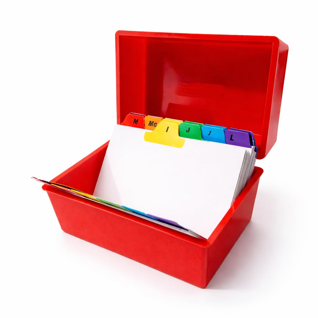 Indigo® 6x4 Red Index Card Box with A-Z Coloured Guide Cards – Durable Filing Storage Box for Office, Home & School Use