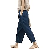 Kubsid Women Linen Pants Summer Casual Solid Color Drawstring Elastic Waist Pants Lightweight Capris Beachwear XL Navy Blue