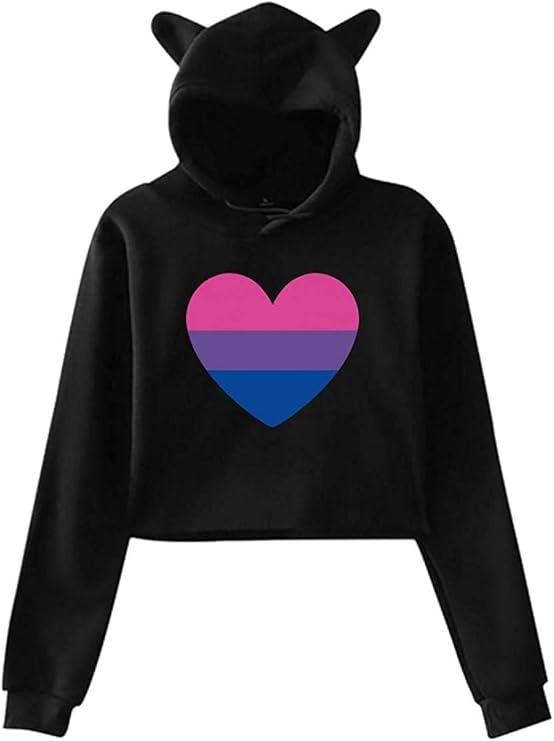 Women's Cat Ear Crop Top Pullover Hoodie Cute Bisexual Pride Heart Long