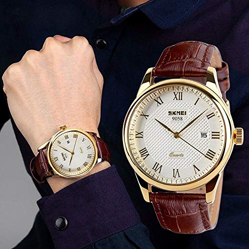 Mens Quartz Watch, Roman Numeral Business Casual Fashion Analog Wrist Watch Classic Calendar Date Window, Waterproof 30M Water Resistant Comfortable PU Leather Watches (Gold) - Thumbnail 2