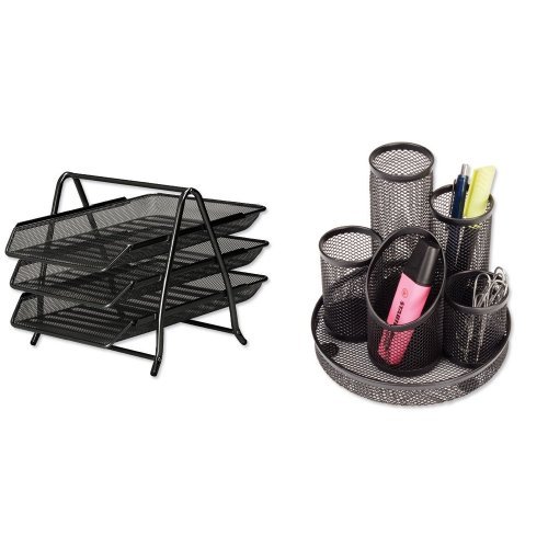 Osco Mesh Letter Tray 3-Tier Scratch-resistant Stackable Front-load Portrait Foolscap Black Ref 3TT B with Osco Mesh Pencil Pot Scratch-resistant with Non-marking Base 5 Tube Black DT5 B