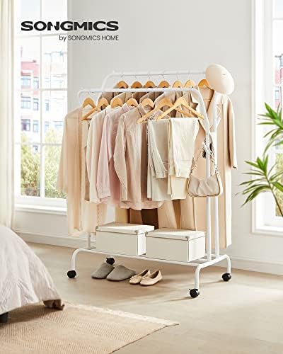 Stand Appendiabiti Doppio, Attaccapanni con Ruote, Struttura in Acciaio, Portata Fino a 100 kg, Larghezza di 103,5 cm, Multifunzione, Bianco HSR107W01