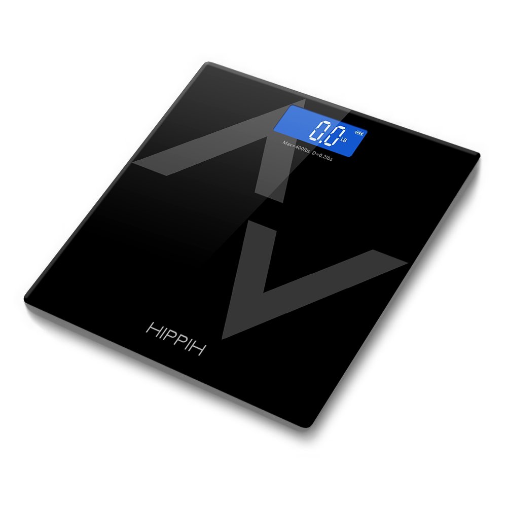 Hippih 400lb / 180kg Electronic Bathroom Scale with Tempered Right Angle Glass Balance Platform and Advanced Step-On Technology, Digital Weight Scale has Large Easy Read Backlit LCD Display D-015