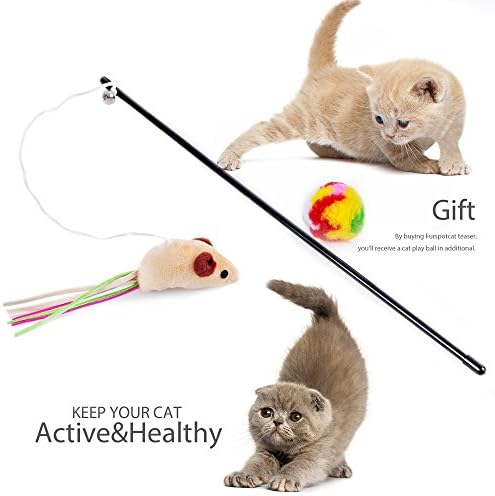 Cat Teaser Wand Chaser Toys With Wool Ball Bundle Set - Brown Mouse w/ Color Stripes