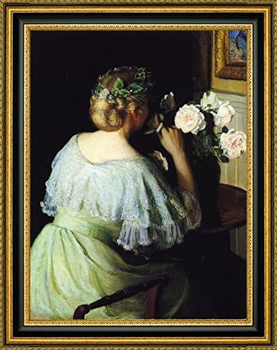 Scent of Roses also known as Girl and Roses by Lilla Cabot Perry - 9" x 11" Framed Giclee Canvas Art Print - Ready to Hang