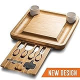 Bamboo Cheese Board - Wooden Charcuterie Serving Platter with Cutlery Server Knife Set Ceramic Bowls and Slate Chalk Labels & Markers - Perfect Gift Idea