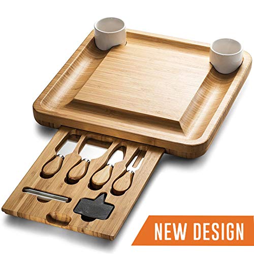 Bamboo Cheese Board - Wooden Charcuterie Serving Platter with Cutlery Server Knife Set Ceramic Bowls and Slate Chalk Labels & Markers - Perfect Gift Idea